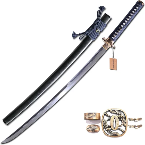 Miniatura 13 de MURASAME Katana Sword T10 - Maquinilla de afeitar de acero templado de 41 pulgadas, hoja afilada, espiga completa hecha a mano Dragón amarillo