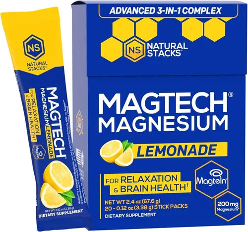 Natural Stacks MagTech - Polvo de bebida de magnesio, 20 paquetes, 100% quelado, glicinato de magteína L-treonato y taurato, mezcla de limonada