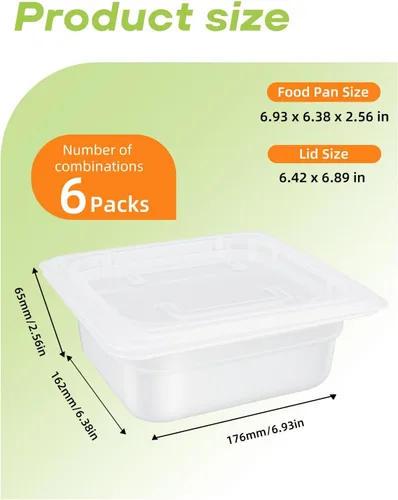 Miniatura 4 de Paquete de 6 bandejas de plástico para alimentos con tapas, tamaño 1/6 recipientes comerciales de almacenamiento de alimentos para fiestas