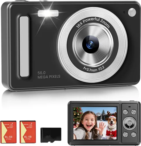 Cámara digital, cámara FHD 1080P para apuntar y disparar con tarjeta SD de 32 GB, 2 baterías, zoom 16X, antivibraciones, diseño pequeño compacto