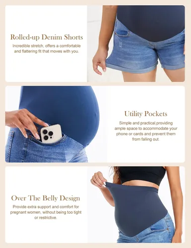 Miniatura 4 de HOFISH Pantalones cortos de mezclilla para mujer, sobre el vientre, soporte de embarazo, transpirables, pantalones cortos de mezclilla de maternidad