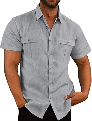 Miniatura 7 de Men's Cuban Guayabera Linen Shirts Solid Color Casual Short Sleeve Button Down Shirt Summer Beach Tops with Pockets