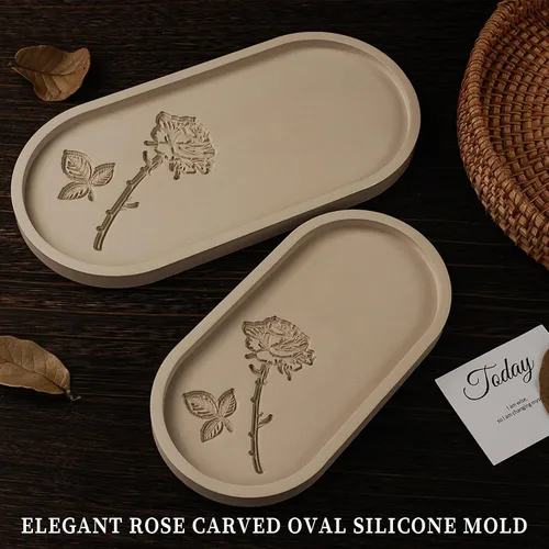 Miniatura 2 de Wehous Moldes ovalados para hormigón de resina, molde de silicona ovalada tallada en rosa de 2 tamaños, bandeja de resina epoxi para soporte