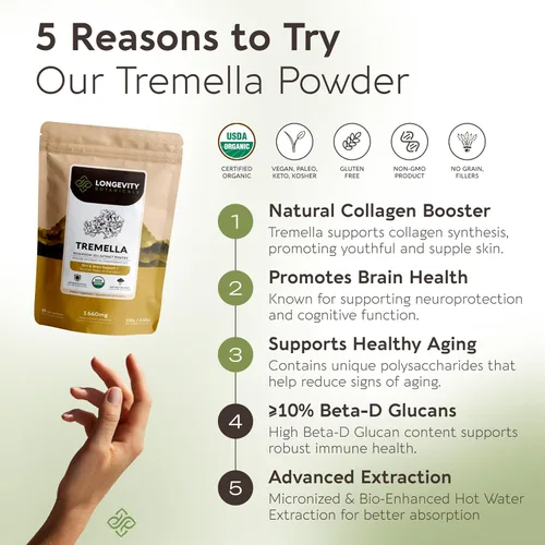 Miniatura 3 de Longevity Botanicals Extracto de suplemento orgánico de hongos Tremella en polvo 3.53 oz Cuerpo fructífero Fuciformis de hongos de nieve ≥10%