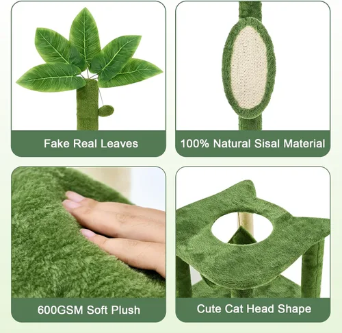 Miniatura 7 de Árbol para gatos de 61 pulgadas con hojas verdes, torre grande de varios niveles con hamaca, casa de felpa para gatos con juguete de bola colgante
