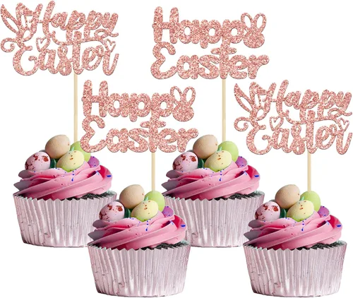 Miniatura 11 de Gyufise Paquete de 24 adornos azules con purpurina para cupcakes de Pascua con orejas de conejo de Pascua, decoraciones para fiesta de Pascua