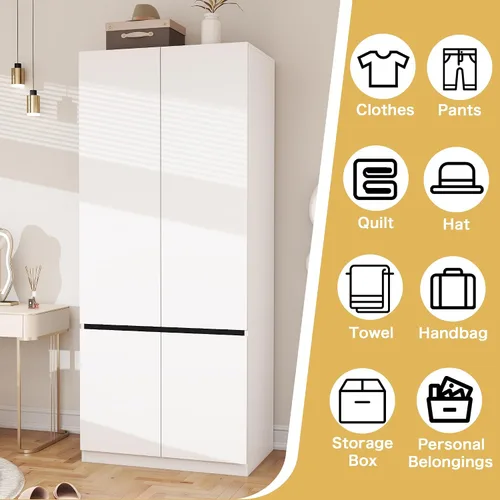 Miniatura 5 de Armario blanco Armario: Armario de madera de 74 pulgadas con 2 puertas, Armarios de dormitorio con barra para colgar, armario alto para colgar ropa