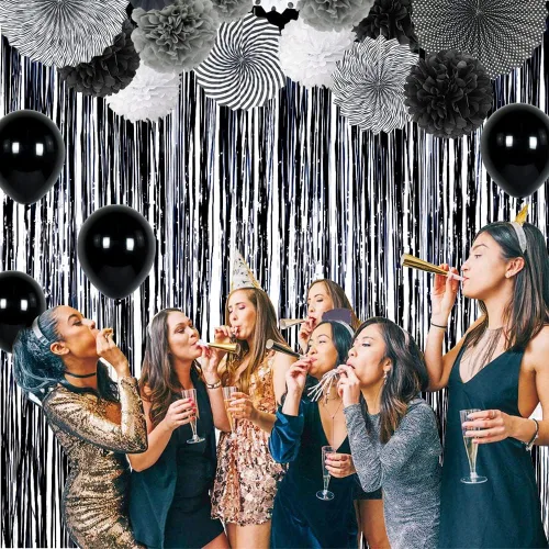 Miniatura 3 de BEISHIDA Paquete de 2 cortinas de flecos de aluminio, cortinas metálicas de oropel negro, cortina de fondo de fotos para Halloween, boda, despedida