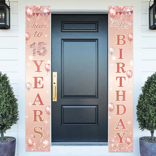 COOSOAR Pancarta de oro rosa con texto en inglés "Happy Birthday" con texto en inglés "Cheers to 15 años" para decoración temática de globos de