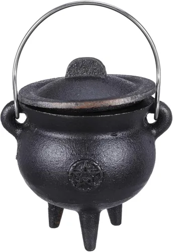 DOITOOL Caldero de hierro fundido con tapa y asa, caldero de bruja de Halloween, olla de bruja negra para manchar, quemar incienso, decoración de