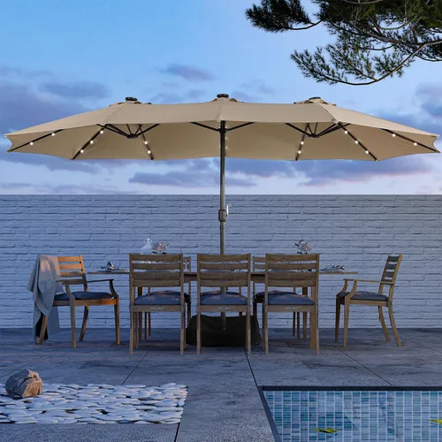 Miniatura 10 de MONDAWE Paraguas de patio de 15 pies con luces solares (base incluida) sombrilla grande de doble cara de aluminio rectangular de aluminio para mesa