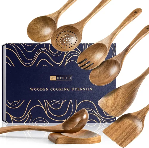 Miniatura 7 de Cucharas de madera para cocinar, juego de utensilios de cocina antiadherentes con 9 espátulas de madera de acacia y cucharas para cocinar, excelente