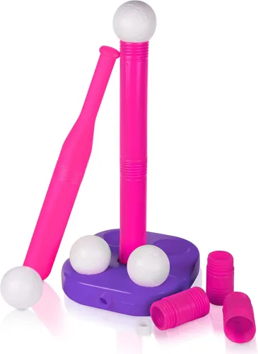 Liberry Tball Set para niños pequeños con soporte de pelota de altura ajustable, base pesada y bate de béisbol para niños, juguetes deportivos, Rosa