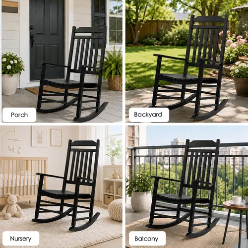 Miniatura 7 de Kozyard Mecedora de madera, silla mecedora de madera maciza para exteriores con respaldo alto y asiento de listones, mecedora ergonómica