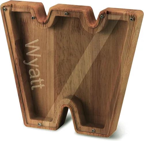 Miniatura 41 de Alcancía con nombre personalizado, 26 letras láser con texto personalizado, banco de monedas de madera, significado educativo, alcancía con nombre