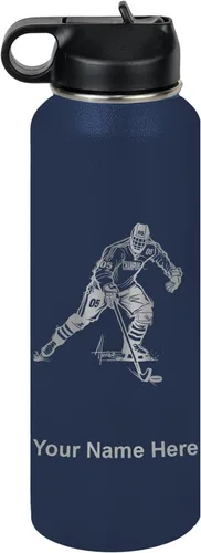 Miniatura 66 de LaserGram Botella de agua personalizada, jugador de hockey, acero inoxidable de doble pared aislada al vacío con popote superior, regalo grabado
