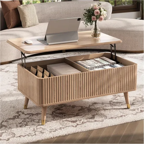 Miniatura 13 de SULIVES Mesa auxiliar ovalada con almacenamiento, mesa de centro multifuncional con tambor elevable, pequeña mesa central acanalada para sala