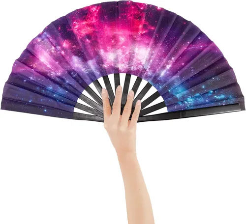 Miniatura 8 de QCWN Abanicos grandes plegables de mano para raves, discoteca, fiesta, decoración del hogar, trajes de arco iris para mujeres y accesorios de Plata