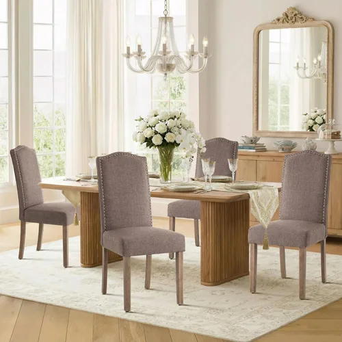 Miniatura 14 de Silla de comedor tapizada moderna y elegante Parsons con respaldo alto con ribete plateado de cabeza de clavo y patas de madera, juego de 2, tela
