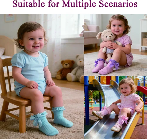 Miniatura 5 de Calcetines para bebé niña con agarre antideslizante con volantes con lazos, algodón suave, calcetines con empuñaduras para bebé recién nacido