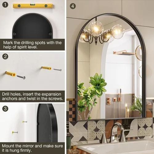 Miniatura 6 de Brightify Espejo Arqueado, Espejo de Pared de Arco Negro de 26 x 38 Pulgadas, Espejo de Baño Negro con Marco de Metal, Espejo de Tocador de Baño
