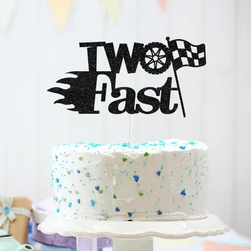 Miniatura 4 de Decoración rápida para pastel de auto de carreras, decoración para pastel de segundo cumpleaños con purpurina, bandera a cuadros, decoración