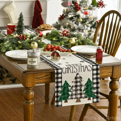 Miniatura 2 de Artoid Mode Camino de mesa de Navidad de búfalo blanco y negro, pinos, Navidad, Navidad, cocina, comedor, decoración para decoración de fiesta