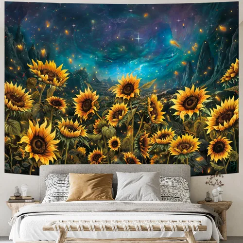 Heynvioo Tapiz de girasol, galaxia, espacio, otoño, amarillo, floral, plantas, tapices, cielo estrellado, montaña, naturaleza, tapices para colgar