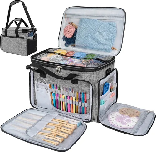 Miniatura 13 de Pavilia Bolsa de tejer - Bolso grande de almacenamiento de hilo, organizador de ganchillo, bolsa de proyectos de punto, gris carbón