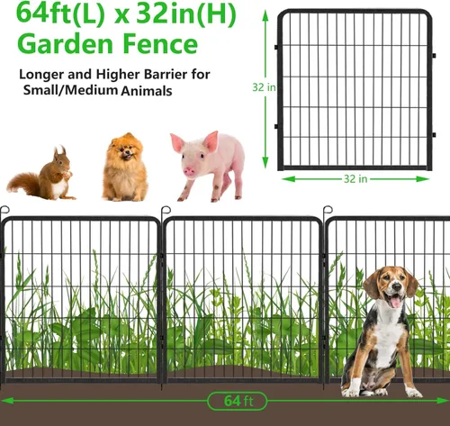 Miniatura 2 de Valla decorativa de metal para jardín con puerta, 32 pulgadas de alto x 64 pies de largo, valla sin excavación, 24 paneles para perros, valla