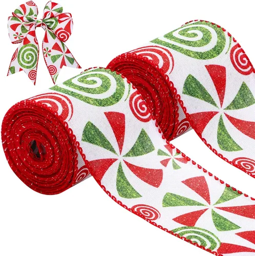 Miniatura 11 de Berlune 4 rollos de cinta de Navidad con borde con alambre de menta de 2.5 pulgadas de ancho, cinta de arpillera para manualidades, corona, árbol