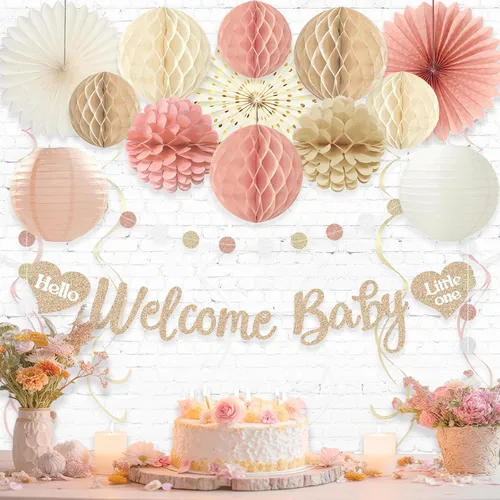 Miniatura 6 de Decoraciones de baby shower boho para niña, pancarta de bienvenida con bolas de nido de abeja pre-hiladas, flores de papel, linternas, abanicos
