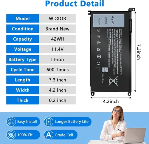 Miniatura 4 de WDX0R - Batería para portátil compatible con Dell Inspiron 13, 14, 15, 7000, 5000, Series 5379, 5567, 5570, 5579, 7378, 7573, 7579, Latitude 3500