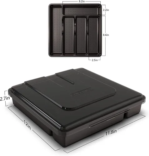 Miniatura 3 de Bandeja para cubiertos con tapa, organizador de cajones para utensilios de cocina, organizador de cubiertos de plástico para encimera de cocina