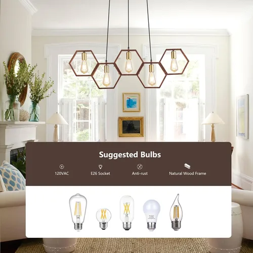 Miniatura 2 de Iluminación industrial de isla de cocina de 5 luces, lámparas rústicas para comedor, lámpara de granja, lámpara colgante de techo de madera