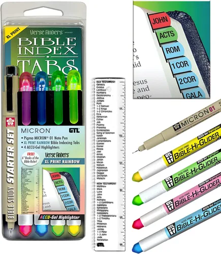 G.T. Luscombe Company, Inc. Accu-Gel - Resaltador de la Biblia, Pigma Micron Bible Study Starter Set – XL Print Rainbow Verse Finder Bible Tabs |