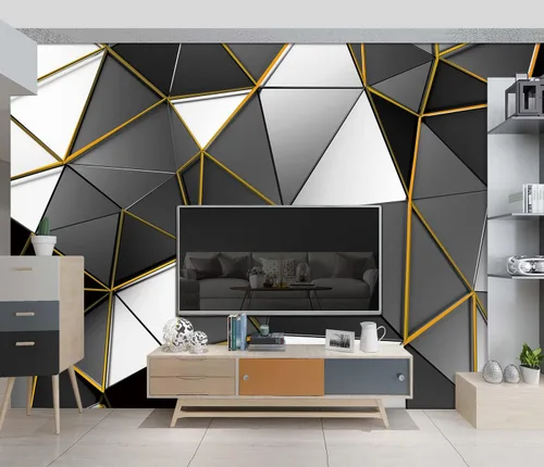 Miniatura 3 de Papel tapiz de geometría negro y dorado para dormitorio, murales grises, moderno, oficina, habitación de moda para hombres, decoración de sala