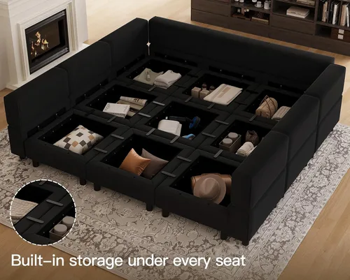 Miniatura 3 de Belffin - Sofá modular seccional con otomanos, terciopelo reversible, cama para invitados, tumbona, asiento con almacenamiento, color negro