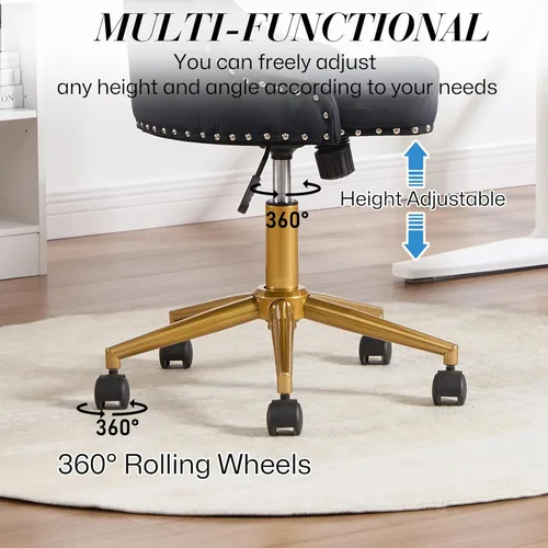 Miniatura 4 de Silla de escritorio de terciopelo sin brazos para oficina en casa, silla giratoria con altura ajustable, pequeña y linda silla de tocador para Negro