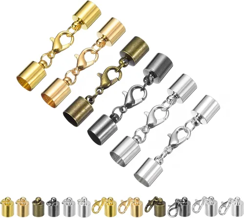 Miniatura 11 de uxcell 30 juegos de tapas de cuero de 0.157 in con cierres de pinza de langosta, terminadores de barril para hacer pulseras de cuero, 6 colores en 1