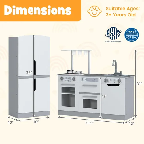 Miniatura 7 de Costzon Juego de cocina para niños, juego modular de madera de 2 piezas con agua corriente, sonido y luz, nevera, lavavajillas, microondas, horno