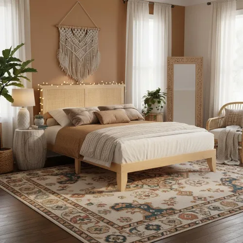 Miniatura 7 de coucheta Base de cama de ratán individual con cabecera de ratán natural, marco de cama individual con luces LED, cama con cabecero, patas de cama