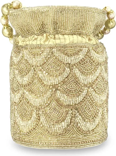 Miniatura 5 de Aheli Gold Potli - Bolsas de noche para mujer, bolso de mano étnico con cordón (P70G), Oro