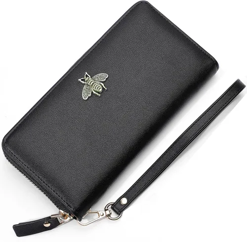 Billetera para mujer con bloqueo RFID para mujer, carteras largas con correa de muñeca para mujer