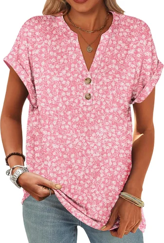 Miniatura 34 de ANRABESS - Camisetas Henley de manga corta para mujer, cuello en V, elegantes, estilo informal, de corte suelto; blusas fluidas de verano, ropa