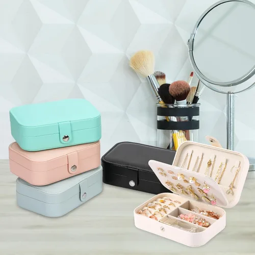 Miniatura 5 de XZUZ Joyero de viaje, organizador de joyas pequeño de piel sintética para mujeres y niñas, mini estuche de viaje portátil de doble capa para guardar