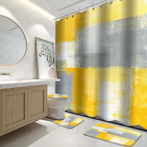 Miniatura 11 de Lnond 4 Piezas Juegos de Cortinas de Ducha de Baño Moradas con Alfombras, Arte de Pintura Púrpura y Gris Juegos de Baño con Cortina de Ducha