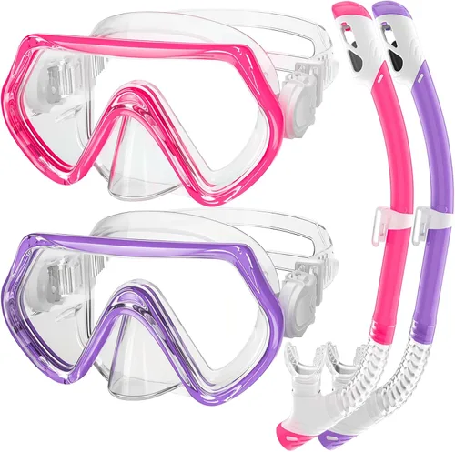 Miniatura 11 de 2 juegos de equipo de esnórquel para niños de 3 a 14 años, antivaho 180° Clear View Dry Top Snorkel Set, máscara de natación con cubierta nasal