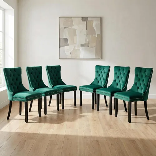 Miniatura 139 de OVENTA Juego de 4 sillas de comedor modernas tapizadas copetudas, terciopelo negro y gris y cuero con patas de madera maciza, sillas de cocina