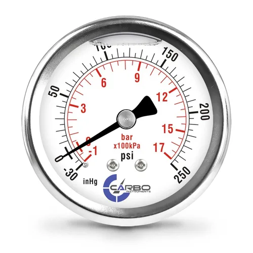 Miniatura 28 de 2 1-2" Medidor de presión, carcasa de acero inoxidable, conexión de latón cromado, llenado de líquido, 0-4000 psi/kPa, montaje trasero 1/4" NPT